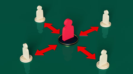 Wooden men with red double-sided arrows are connected to the leader figure. Communication, distancing, communication, 3D renderingの写真素材