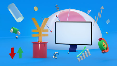 Yen symbol rises on a pedestal near the monitor screen with space for text or logo on the background...