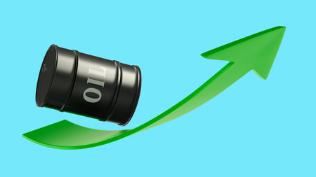Barrel with the word "oil" stands on a green arrow pointing up on a light blue background with space for text or logo. 3D rendering.の写真素材