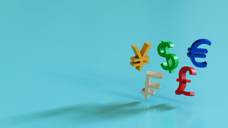 Multicolored dollar, euro, franc, sterling and yen symbols on a blue background with space for text...