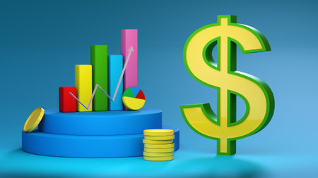 Dollar symbol on the background of multi-colored chart columns, arrows and coins. 3D rendering. financial concept. currency marketの写真素材