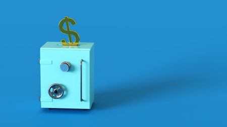 Gilded dollar symbol descends into a safe on a blue background with space for text or logo. finance concept. Savings, accumulations. 3D renderingの写真素材