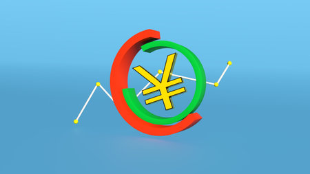 Gilded yen symbol surrounded by abstract shapes and graphics on a blue background with space for text or . finance concept. digital money. 3D rendering.の写真素材