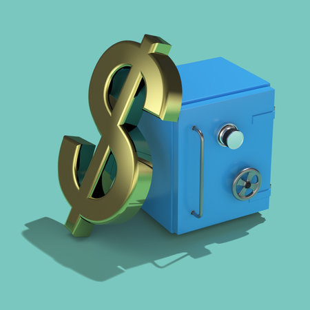 Gilded dollar symbol leaning against a metal safe on a blue background - a blank for a seamless graphic pattern. 3D rendering. Layout. finance concept. Savings, savings.の写真素材