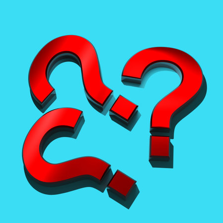 Three bright red question marks with hard shadows lie on a blue background - - a blank for a...