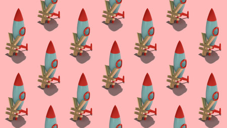 Seamless graphic pattern with golden yen or yuan symbol and space rocket with hard shadow on pink...