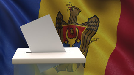 Blank ballot with space for text or logo is dropped into the ballot box against the backdrop of the flag of Moldova. Election concept. 3D rendering. mockupの写真素材