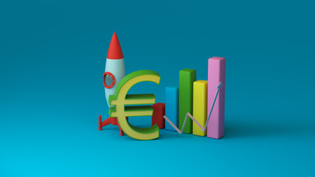 Euro symbol is leaning against a rocket set to launch next to the multi-colored bars of the diagram. 3D rendering. financial concept. startupの写真素材