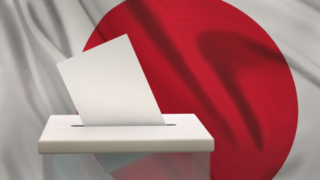 Blank ballot with space for text or logo is dropped into the ballot box against the backdrop of the flag of Japan. Election concept. 3D rendering. mockupの写真素材