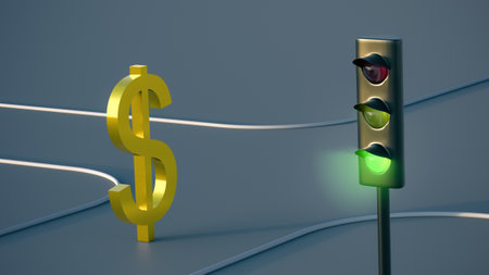 Gold-plated dollar symbol is walking down the road at a green traffic light. finance concept. 3D renderingの写真素材