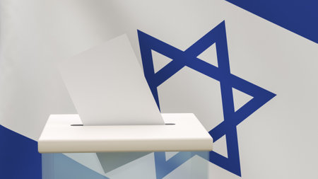 Blank ballot with space for text or logo is dropped into the ballot box against the backdrop of the flag of Israel. Election concept. 3D rendering. mockupの写真素材