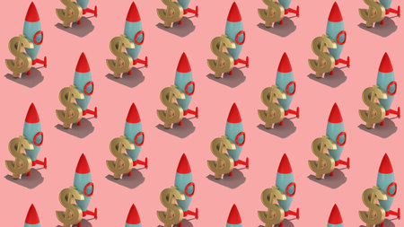 Seamless graphic pattern with golden dollar symbol and space rocket with hard shadow on pink background. 3D rendering. Finance concept.Startupの写真素材