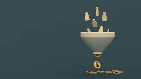 Figures of people fall into a funnel and turn into coins. sales funnel. money funnel. Marketing and attraction. 3D rendering. Place for text and logoの写真素材