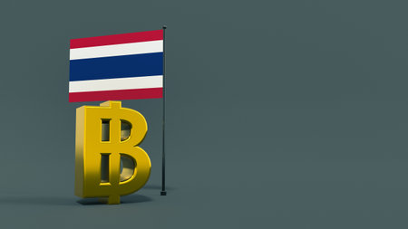 Thai baht symbol in front of Thailand flag on neutral gray background with space for text and logo. finance concept. world currencies. 3D renderingの写真素材
