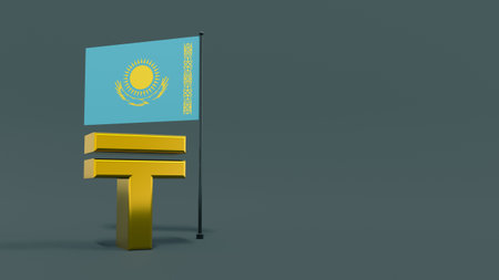Tenge symbol in front of the flag of Kazakhstan on a neutral gray background with space for text and logo. finance concept. world currencies. 3D renderingの写真素材
