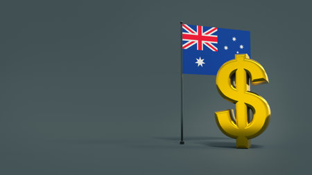 Gilded dollar symbol in front of the flag of Australia on a neutral gray background with space for text and logo. finance concept. world currencies. 3D renderingの写真素材