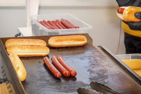 Sausages and hot dog buns are cooked on a brazier in a street cafe. traditional fast food.の写真素材