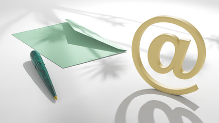 E-mail sign on the background of the table with an envelope and a pen with shadows in the form of tropical plants. Place for text or logo. 3D rendering.の写真素材