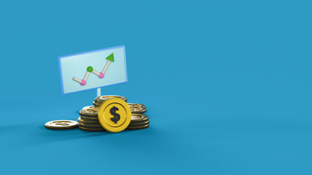Stack of gold-plated coins and a board with a graph on a bright blue background. finance concept. 3D renderingの写真素材