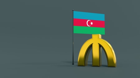 Manat symbol in front of the flag of Azerbaijan on a neutral gray background with space for text and logo. finance concept. world currencies. 3D renderingの写真素材