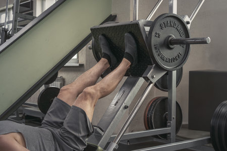 Man pumps leg muscles on a press wave in the gymの写真素材