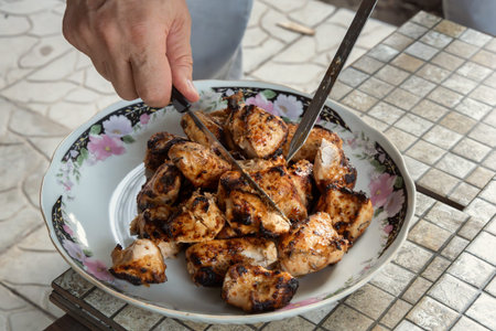 Tender and juicy chicken skewers cooked on coals in an open grill are laid out on a dish. Delicious...