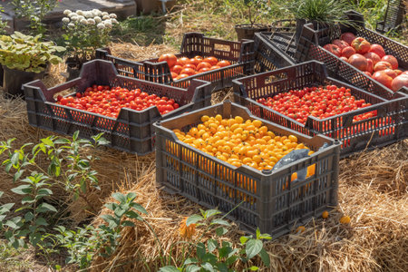 Yellow and red tomatoes in plastic boxes on the grass on a sunny day. Harvestingの写真素材