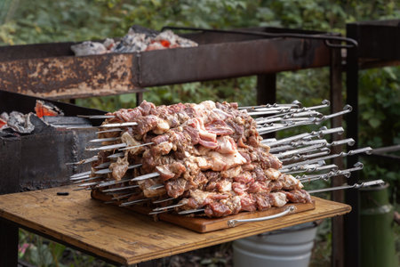 Metal skewers with pieces of marinated meat prepared for outdoor fryingの写真素材