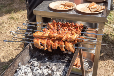 Chicken wings on skewers baked over coals in a metal grill outdoors. Street foodの写真素材