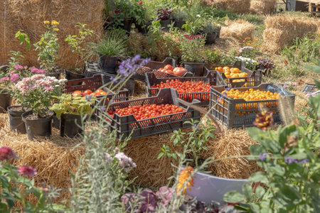 Red and yellow tomatoes in plastic boxes on the grass on a sunny day. Harvestingの写真素材