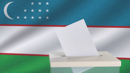Blank ballot with space for text or logo is dropped into the ballot box against the background of the flag of Uzbekistan. Election concept. 3D rendering. Mock upの写真素材
