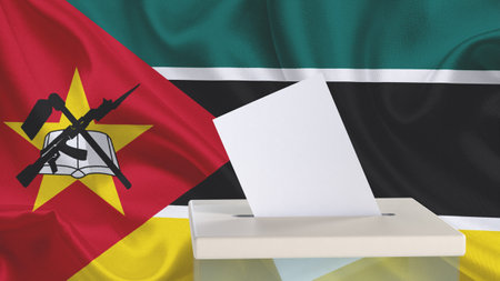 Blank ballot with space for text or logo is dropped into the ballot box against the background of the flag of Mozambique. Election concept. 3D rendering. Mock upの写真素材