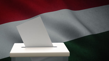 Blank ballot with space for text or logo is dropped into the ballot box against the background of the flag of Hungary. Election concept. 3D rendering. Mock upの写真素材