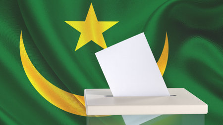 Blank ballot with space for text or logo is dropped into the ballot box against the background of the flag of Mauritania. Election concept. 3D rendering. Mock upの写真素材