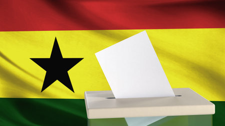 Blank ballot with space for text or logo is dropped into the ballot box against the background of the flag of Ghana. Election concept. 3D rendering. Mock upの写真素材