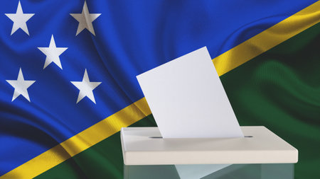 Blank ballot with space for text or logo is dropped into the ballot box against the background of the flag of Solomon Islands. Election concept. 3D rendering. Mock upの写真素材