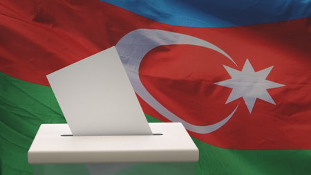 Blank ballot with space for text or logo is dropped into the ballot box against the background of the flag of Azerbaijan. Election concept. 3D rendering. Mock upの写真素材
