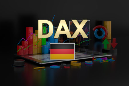Inscription in gold letters "DAX" and the Germany flag on a dark background with abstract multicolored shapes, arrows and diagrams. 3D rendering. Finance concept. Forexの写真素材