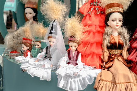 Dolls are dressed in handmade Kazakh women's national costumes. Close-upの写真素材