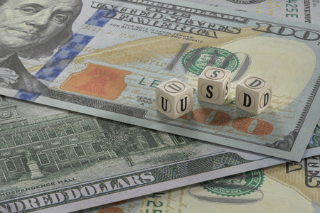 Cubes with the inscription "USD" are on the US dollar banknotes. Cash. Financial concept.の写真素材