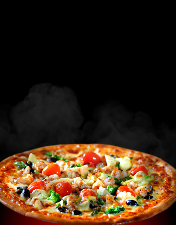 Concept promotional poster for Restaurants or pizzerias, template with delicious taste margarita pizza, mozzarella cheese, cherry tomatoes with space for your textの写真素材
