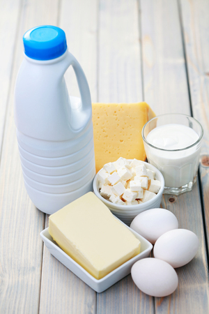 Milk and dairy products. Cheese, milk, cottage cheese, cheese, yogurt, cream and butterの写真素材