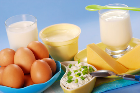 Milk and dairy products. Cheese, milk, cottage cheese, cheese, yogurt, cream and butterの写真素材