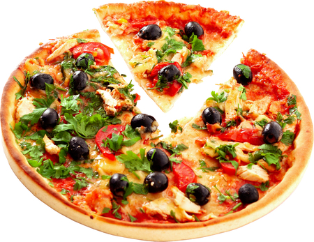 Hot big pepperoni pizza tasty pizza composition with melting cheese bacon tomatoes ham paprika steam smoke on white backgroundの写真素材