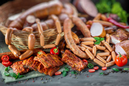 Set of different sausages close-up backgroundの写真素材