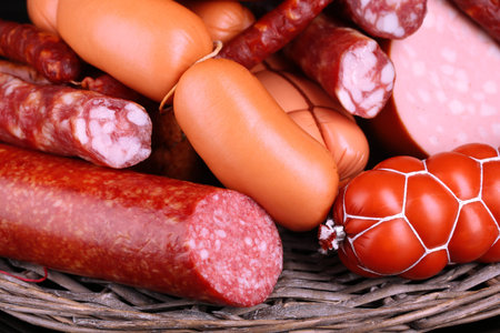 Lot of different sausages close-up backgroundの写真素材