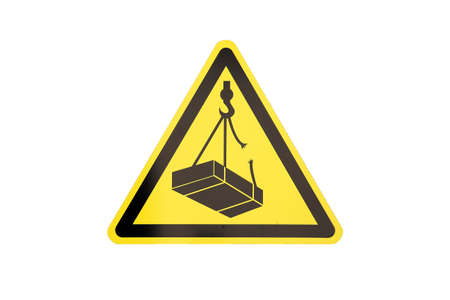 traffic construction yellow triangular sign warning about falling weigh from height on construction site isolated on white backgroundの写真素材