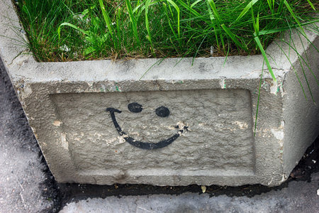 black graffiti smile symbol on  square grey concrete flower bed with green grass in it on the street of Moscow, Russiaの写真素材