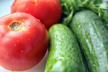 ingridients for hit of summer season fresh vegetable salad,  tomatoes, cucumbers, parsley and dill closeupの写真素材