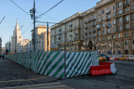 construction safety protective striped net  for improvement of street in Moscowのeditorial素材